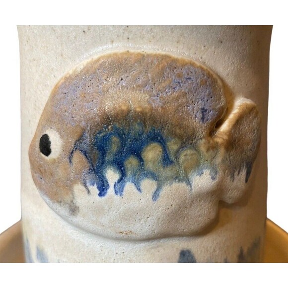 Handmade Pottery Fish Toothbrush Holder Signed 5 Hole Coastal Beach Ocean Decor - Picture 2 of 8